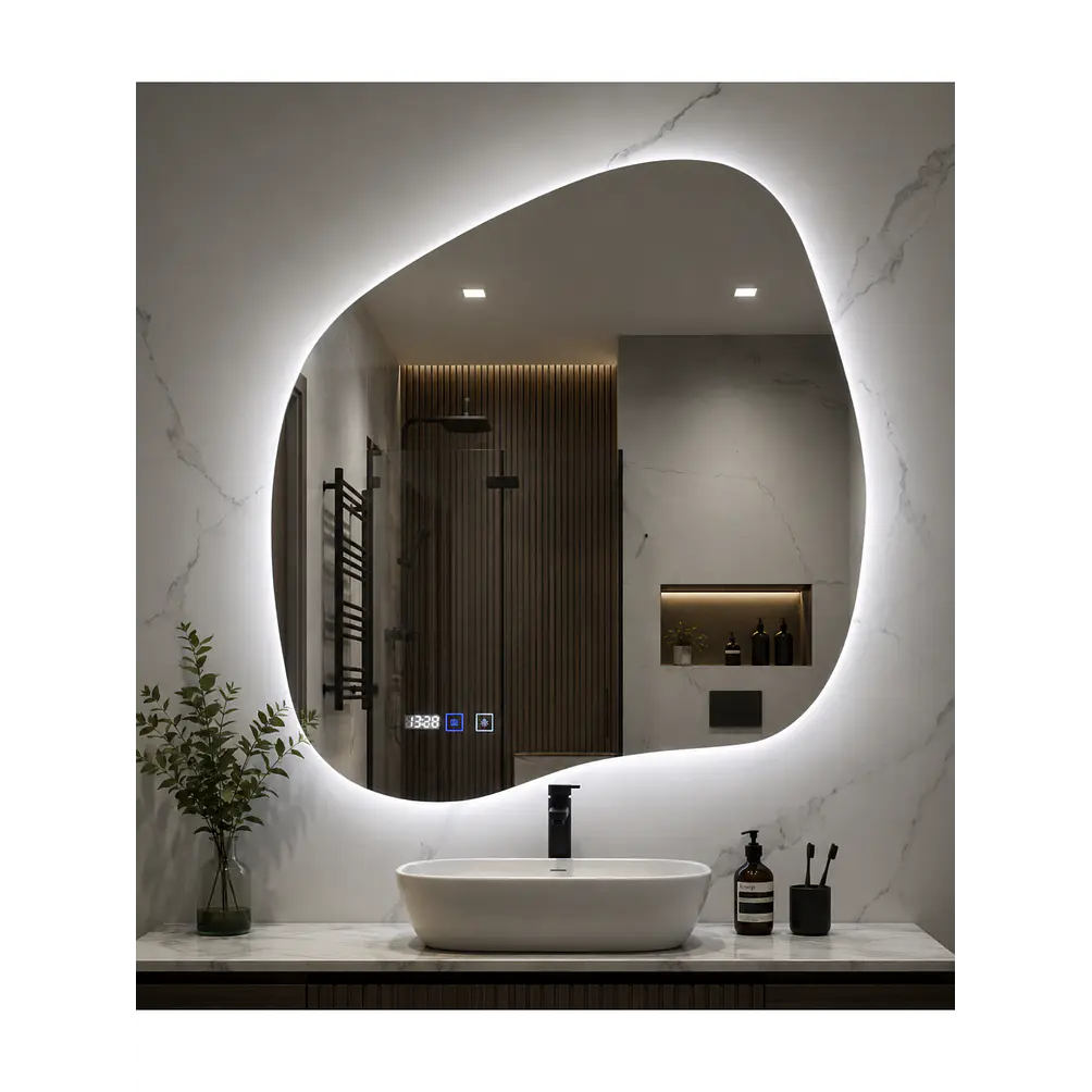  Espejo LED Para Baño Desempañante Con Reloj Digital Sin Marco 68x65 cm 1