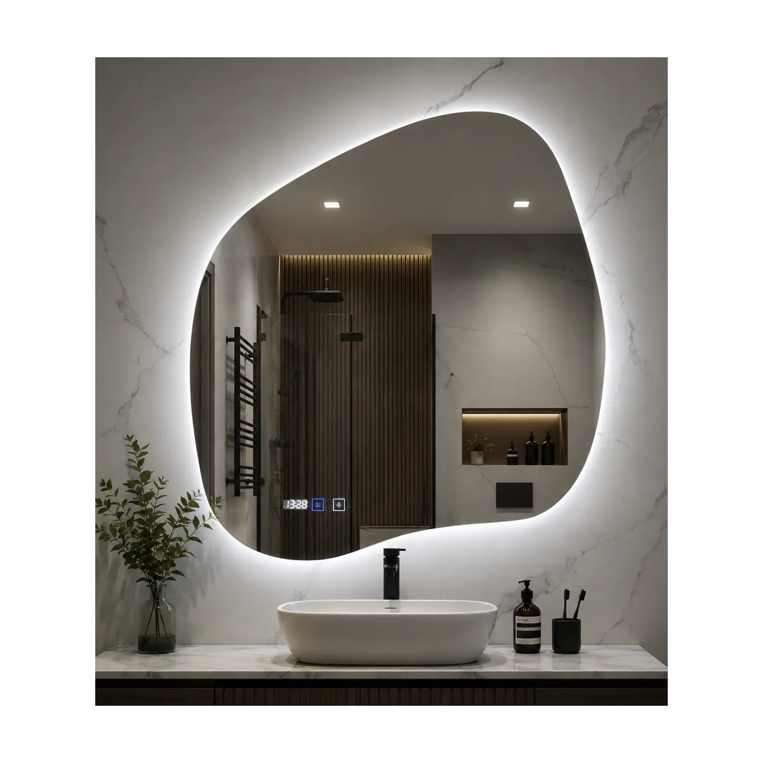  Espejo LED Para Baño Desempañante Con Reloj Digital Sin Marco 68x65 cm 1