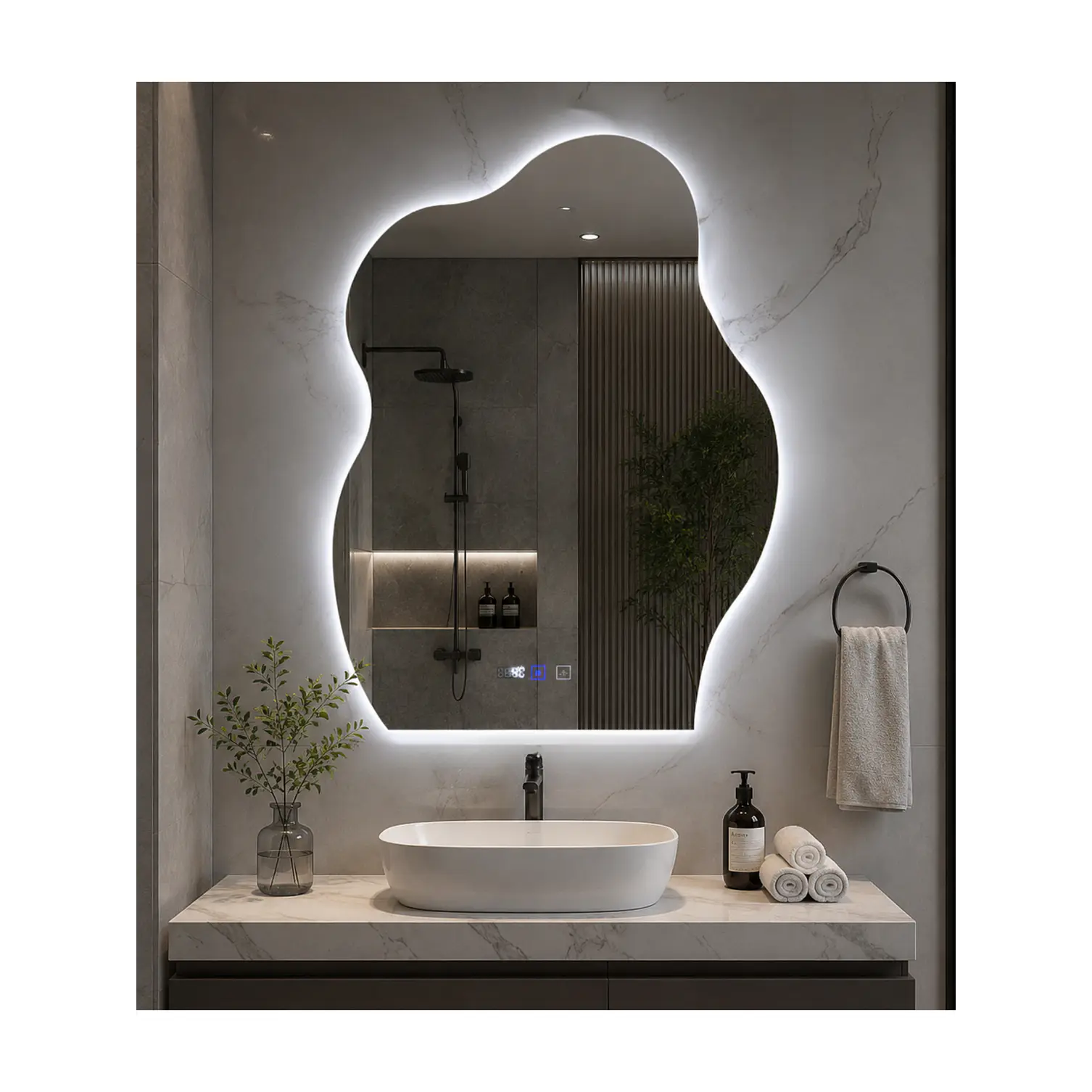 Espejo LED Para Baño Desempañante Con Reloj Digital Sin Marco 60x80 cm 1
