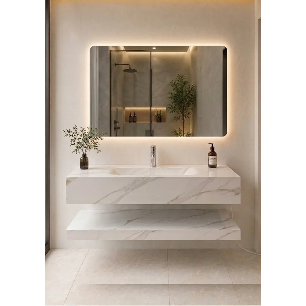 Vanitorio Flotante 100 cm con acabado Marmoleado con Espejo LED 1