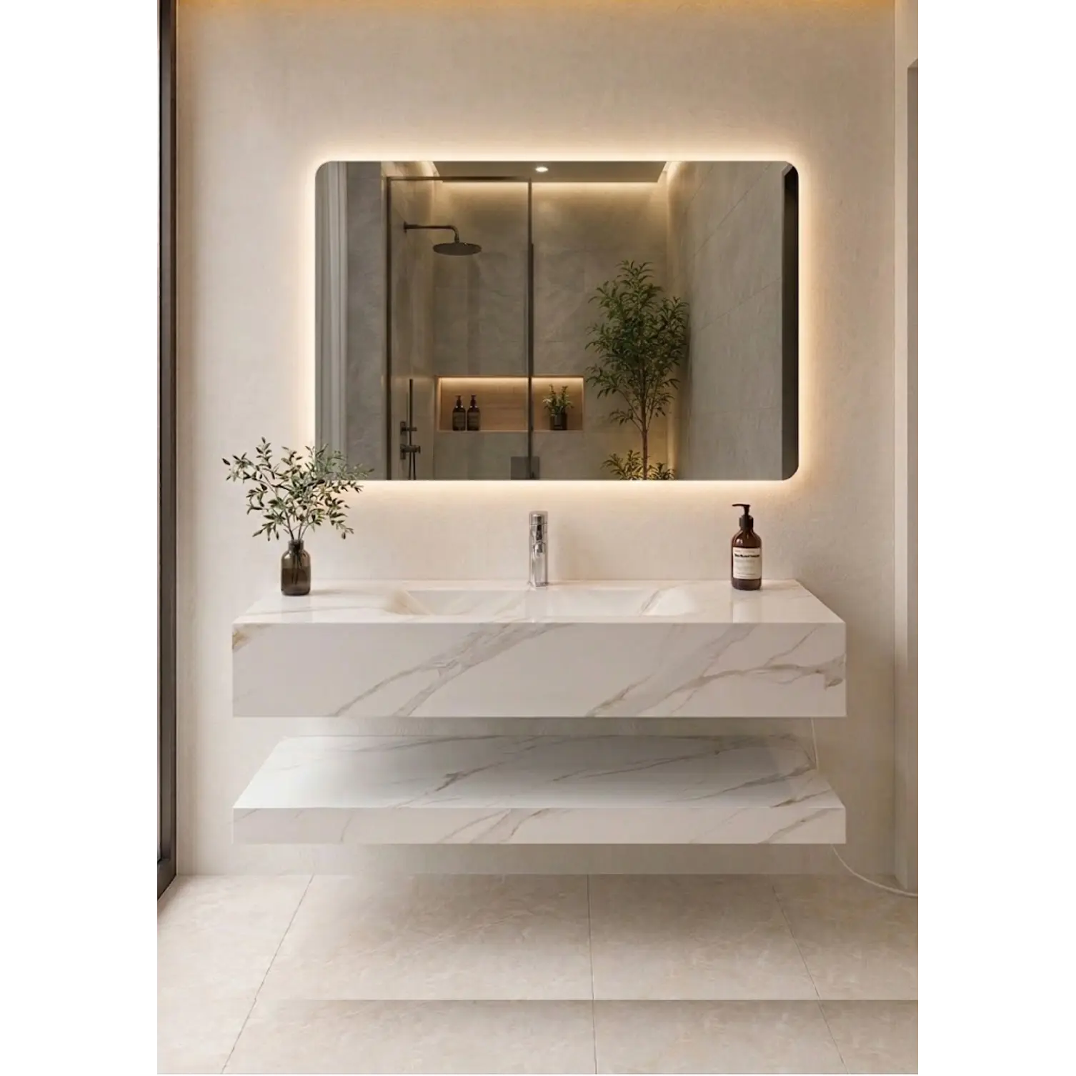 Vanitorio Flotante 100 cm con acabado Marmoleado con Espejo LED 1