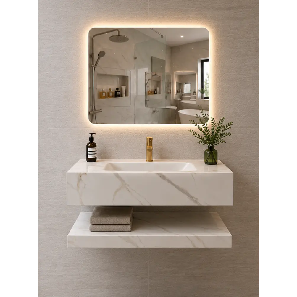 Vanitorio Flotante 80 cm con acabado Marmoleado con Espejo LED 1