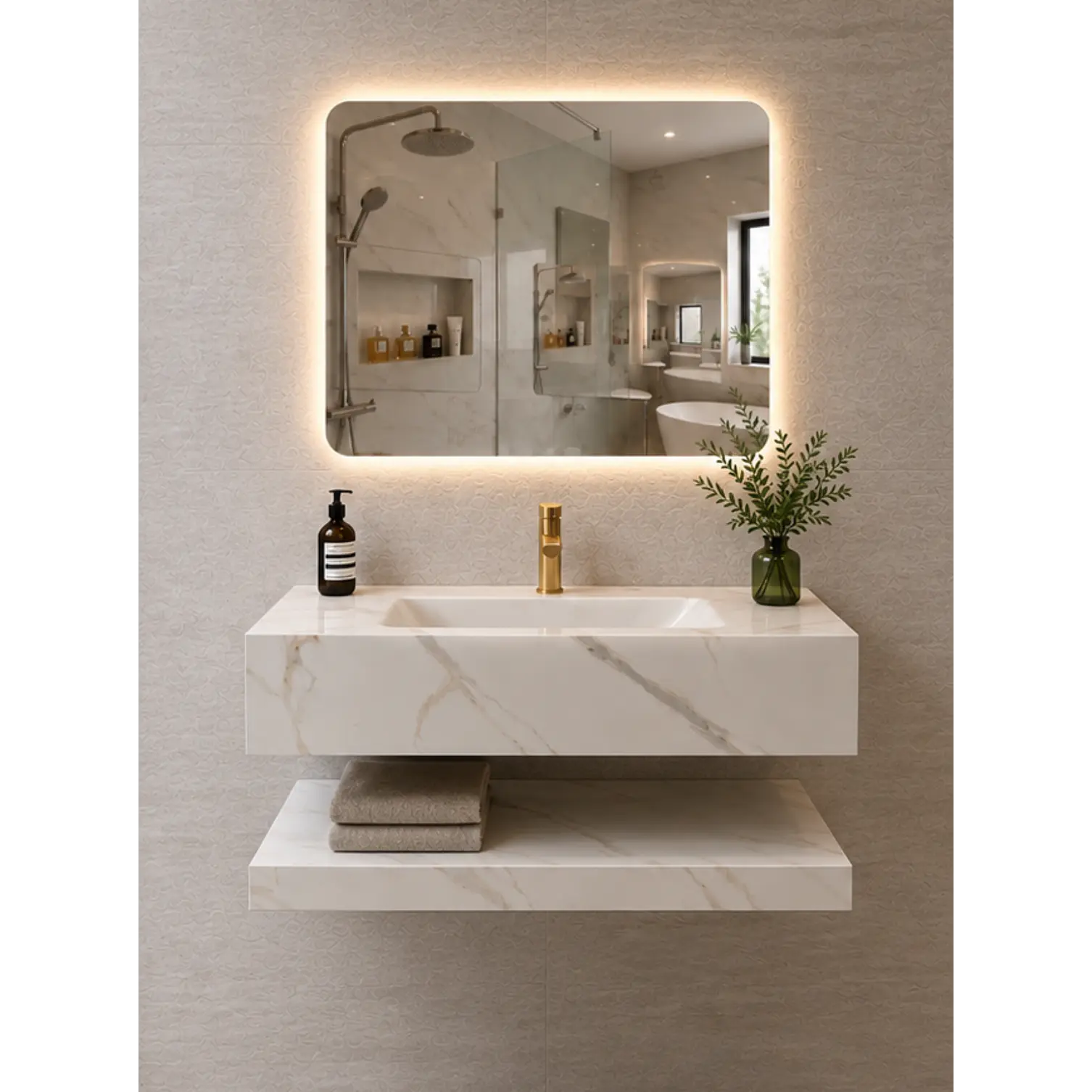 Vanitorio Flotante 80 cm con acabado Marmoleado con Espejo LED 1