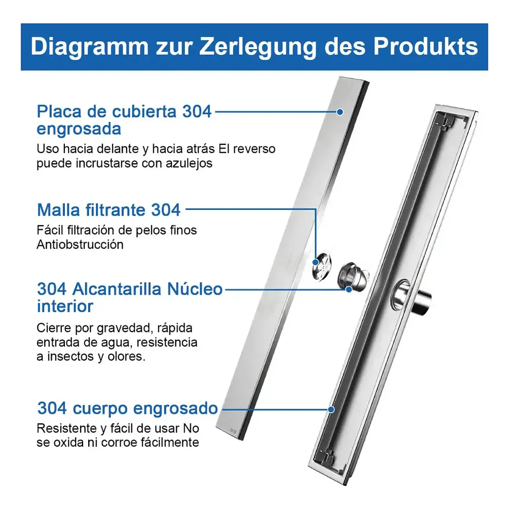 Rejilla de Desagüe para Ducha de Acero Inoxidable Premium 50cmx10cm 2