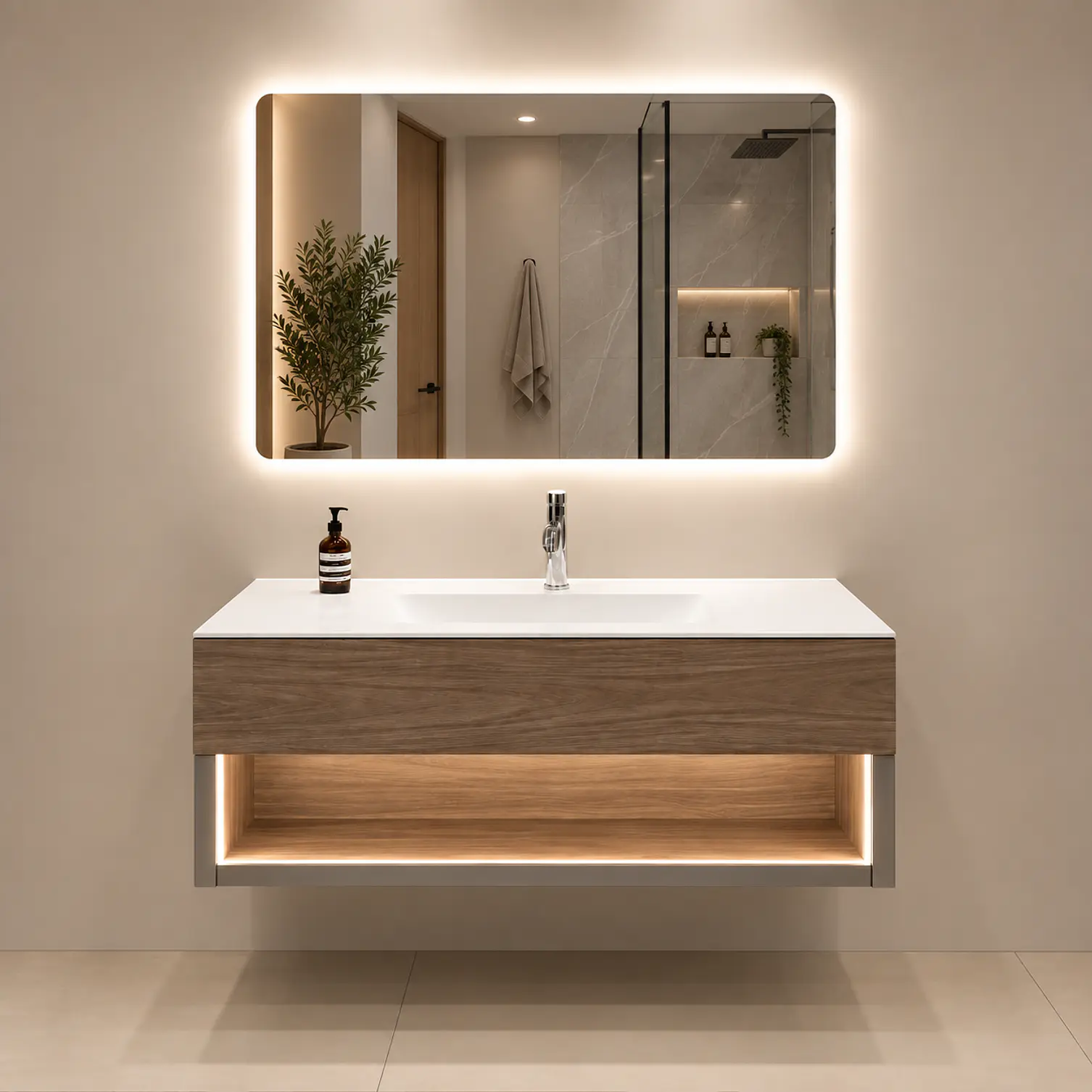 Vanitorio Flotante de 80cm con Led en la base y con Espejo LED 1