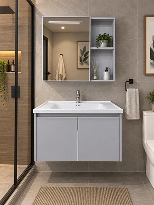 Vanitorio Flotante 60 cm Botiquín y Espejo Led Gris Claro