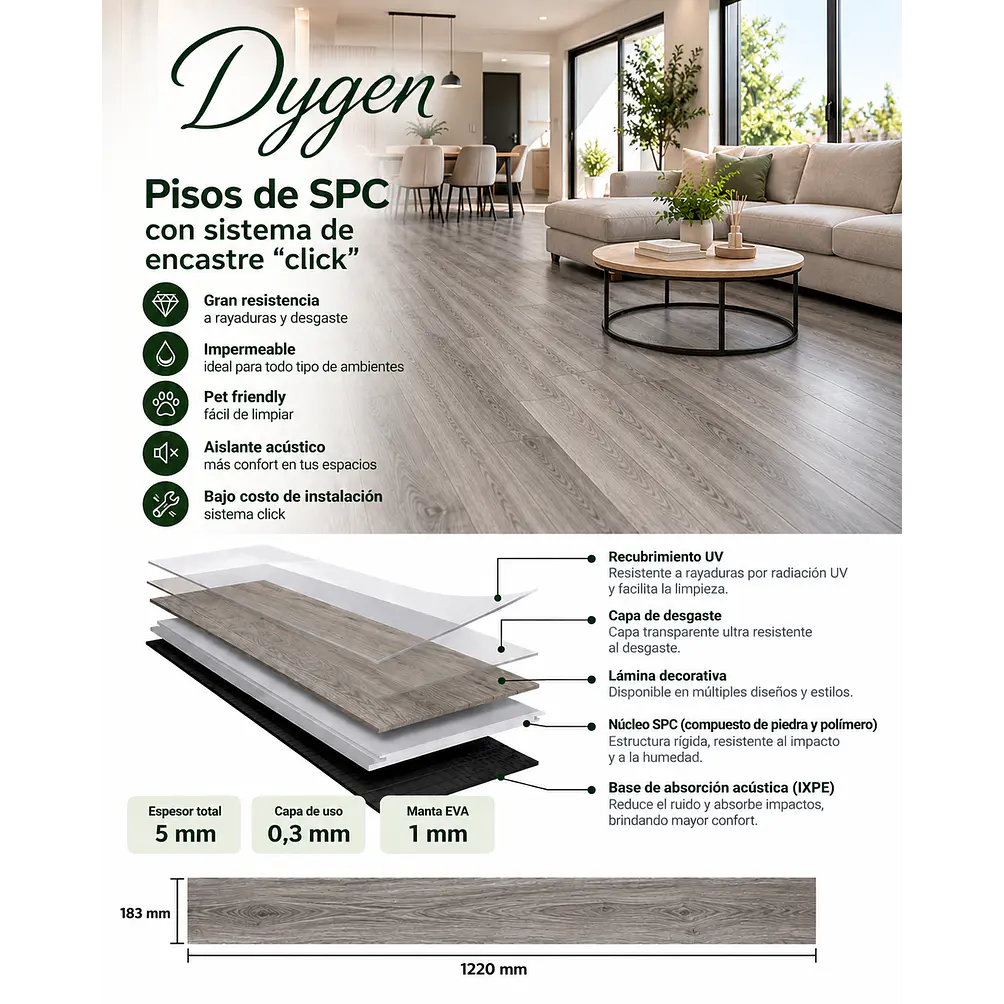 Piso SPC 5 mm Gris Madera con Sistema Click 3