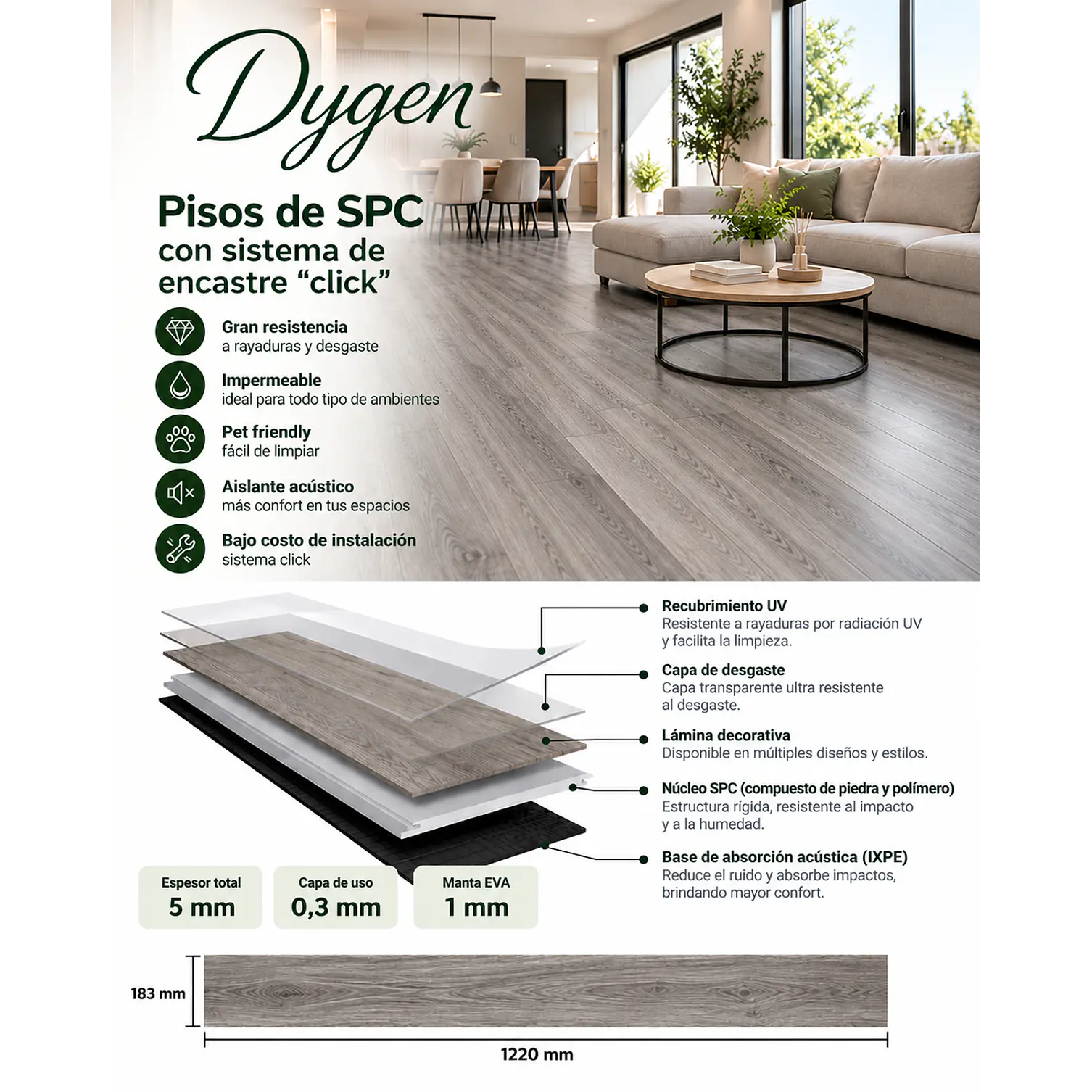 Piso SPC 5 mm Gris Madera con Sistema Click 3