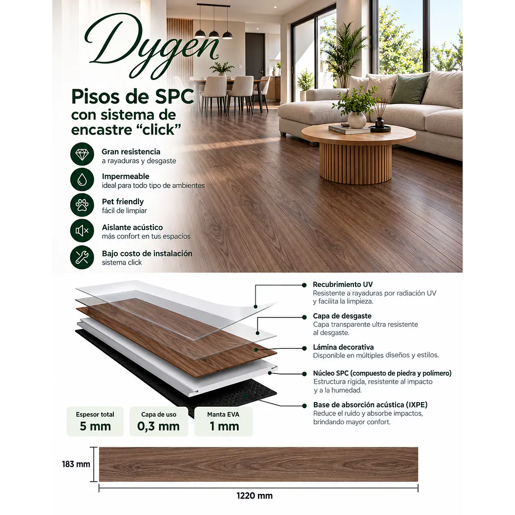 Piso SPC 5 mm Marron Madera con Sistema Click 3