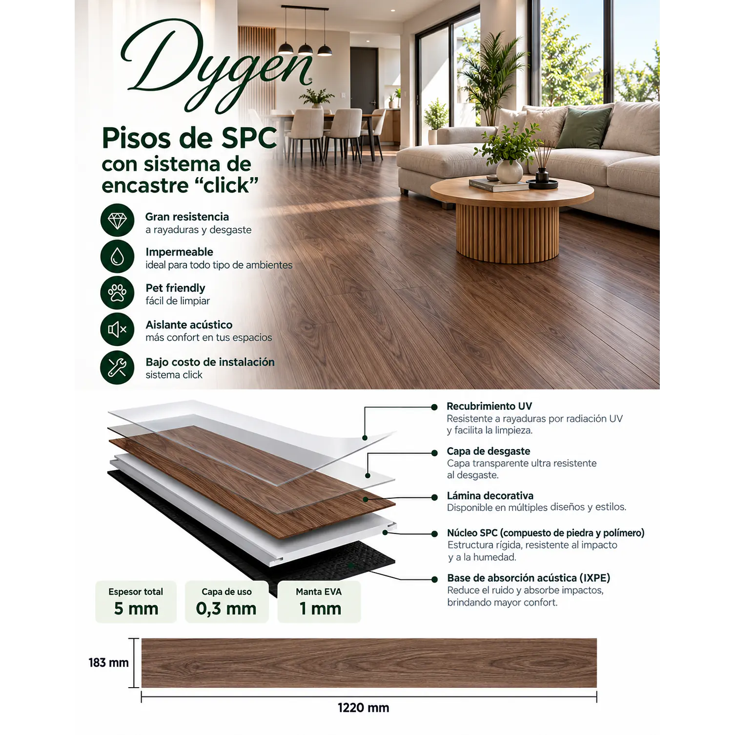 Piso SPC 5 mm Marron Madera con Sistema Click 3