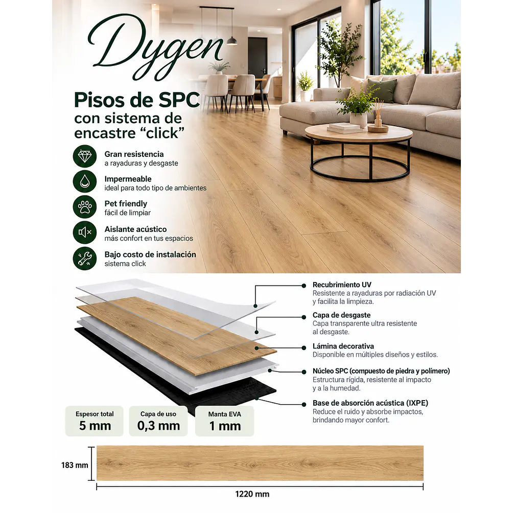 Piso SPC 5 mm Madera Claro con Sistema Click 2