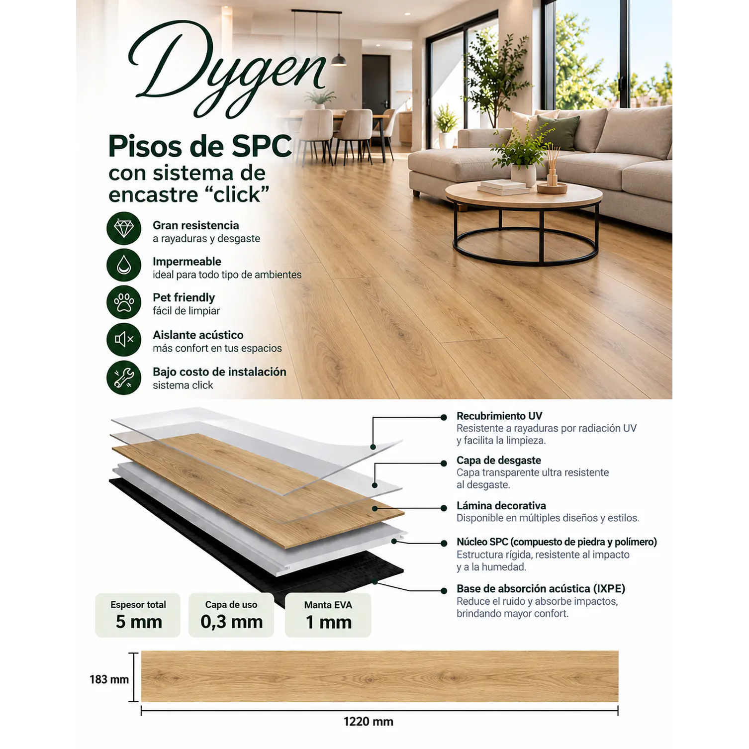 Piso SPC 5 mm Madera Claro con Sistema Click 2