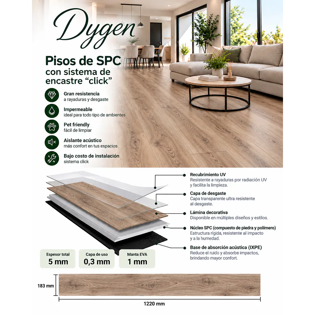 Piso SPC 5 mm Roble Café Beige con Sistema Click 2