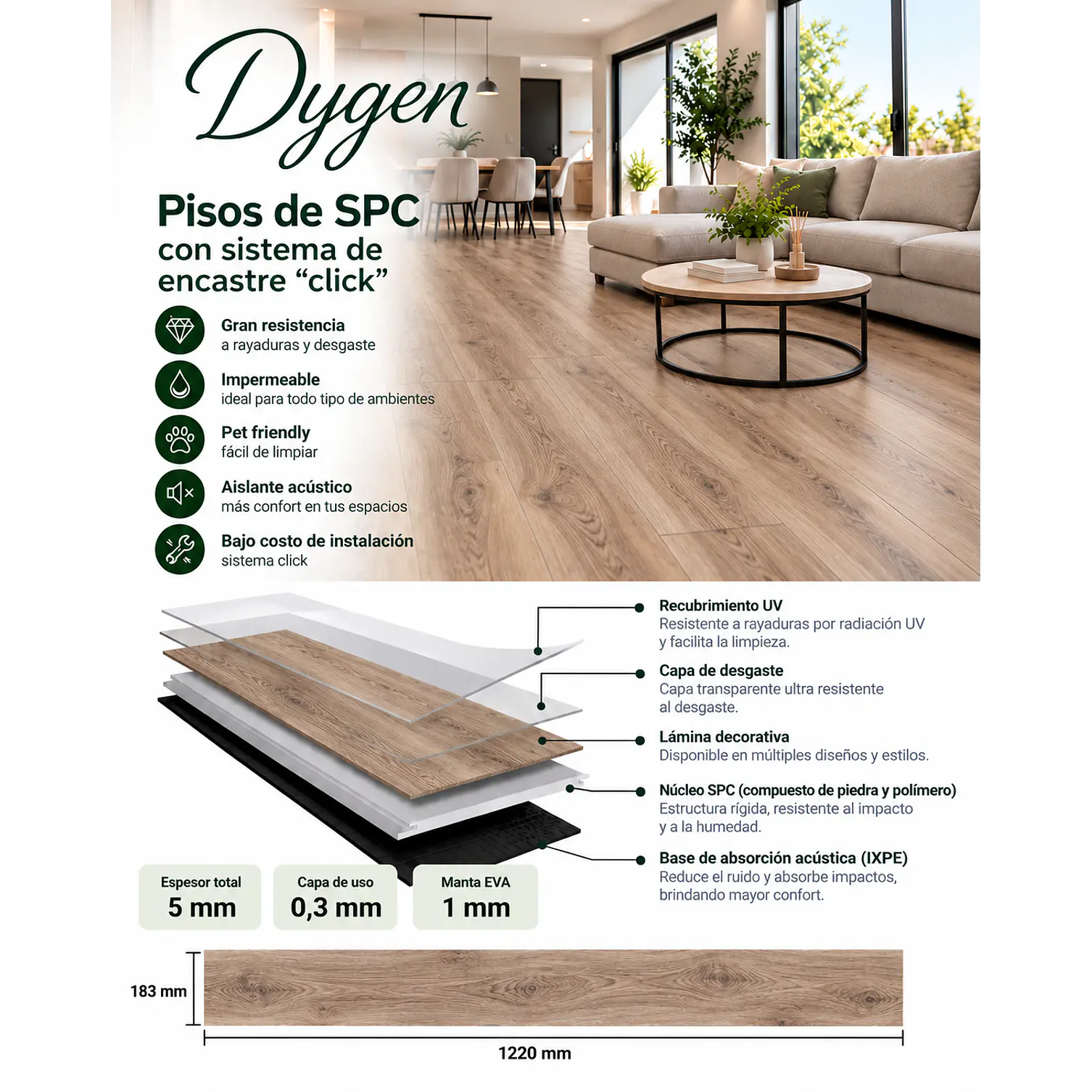 Piso SPC 5 mm Roble Café Beige con Sistema Click 2
