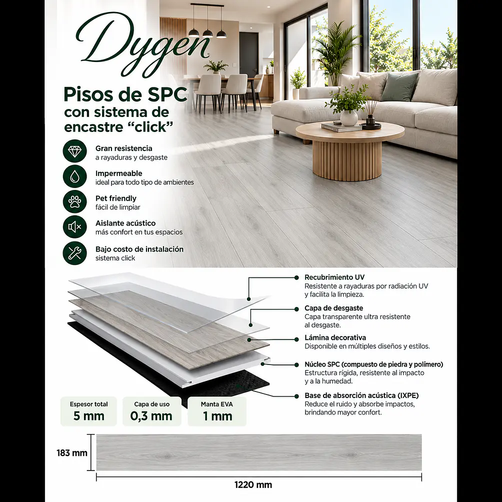 Piso SPC 5 mm Roble Gris Claro con Sistema Click 2