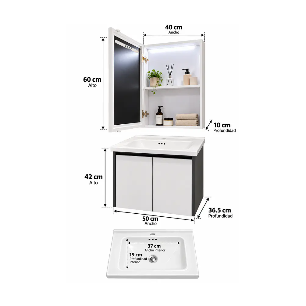Mueble Vanitorio 50cm BOTIQUIN BLANCO/GRIS 3