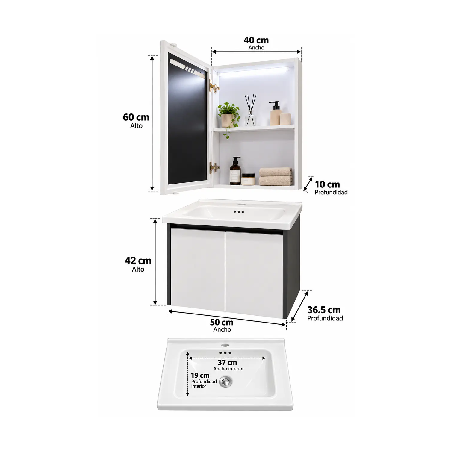 Mueble Vanitorio 50cm BOTIQUIN BLANCO/GRIS 3