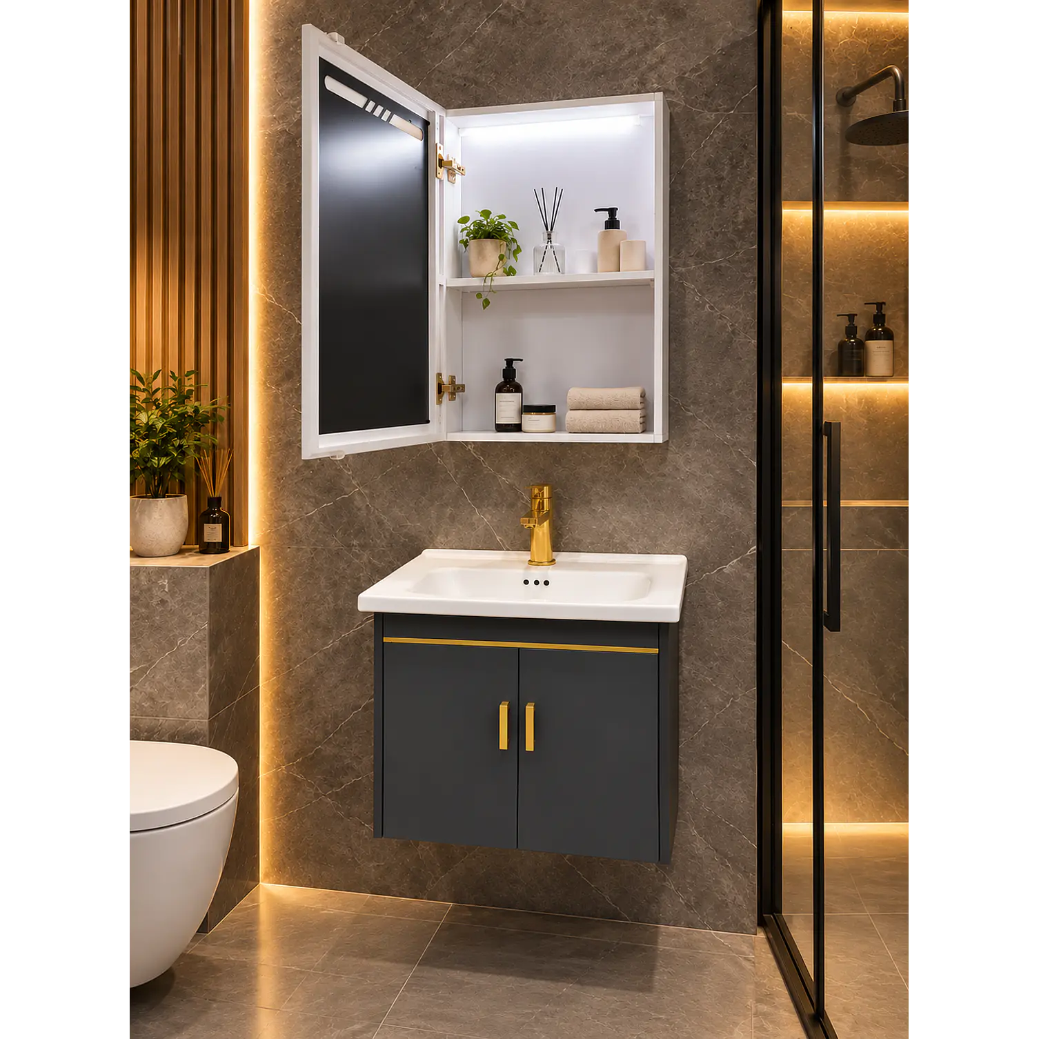 Mueble Vanitorio 50cm Botiquín LED con Sensor de Movimiento GRIS OSCURO 2