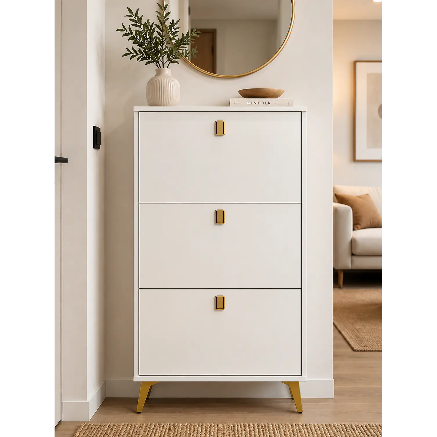 Mueble Zapatero Organizador 3 Niveles Blanco Con Dorado 1
