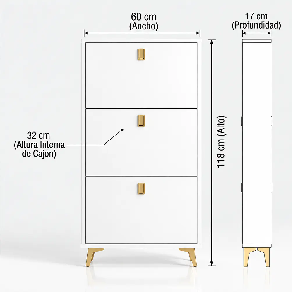 Mueble Zapatero Organizador 3 Niveles Blanco Con Dorado 2