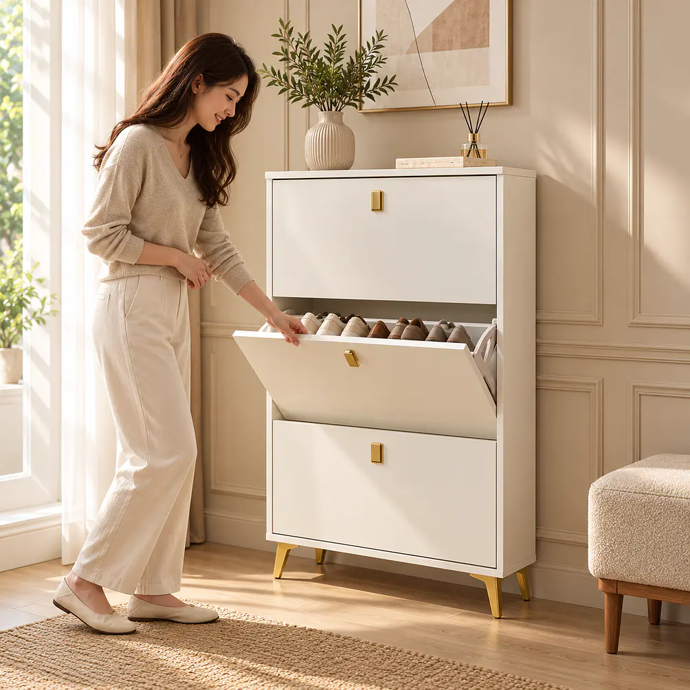 Mueble Zapatero Organizador 3 Niveles Blanco Con Dorado 3