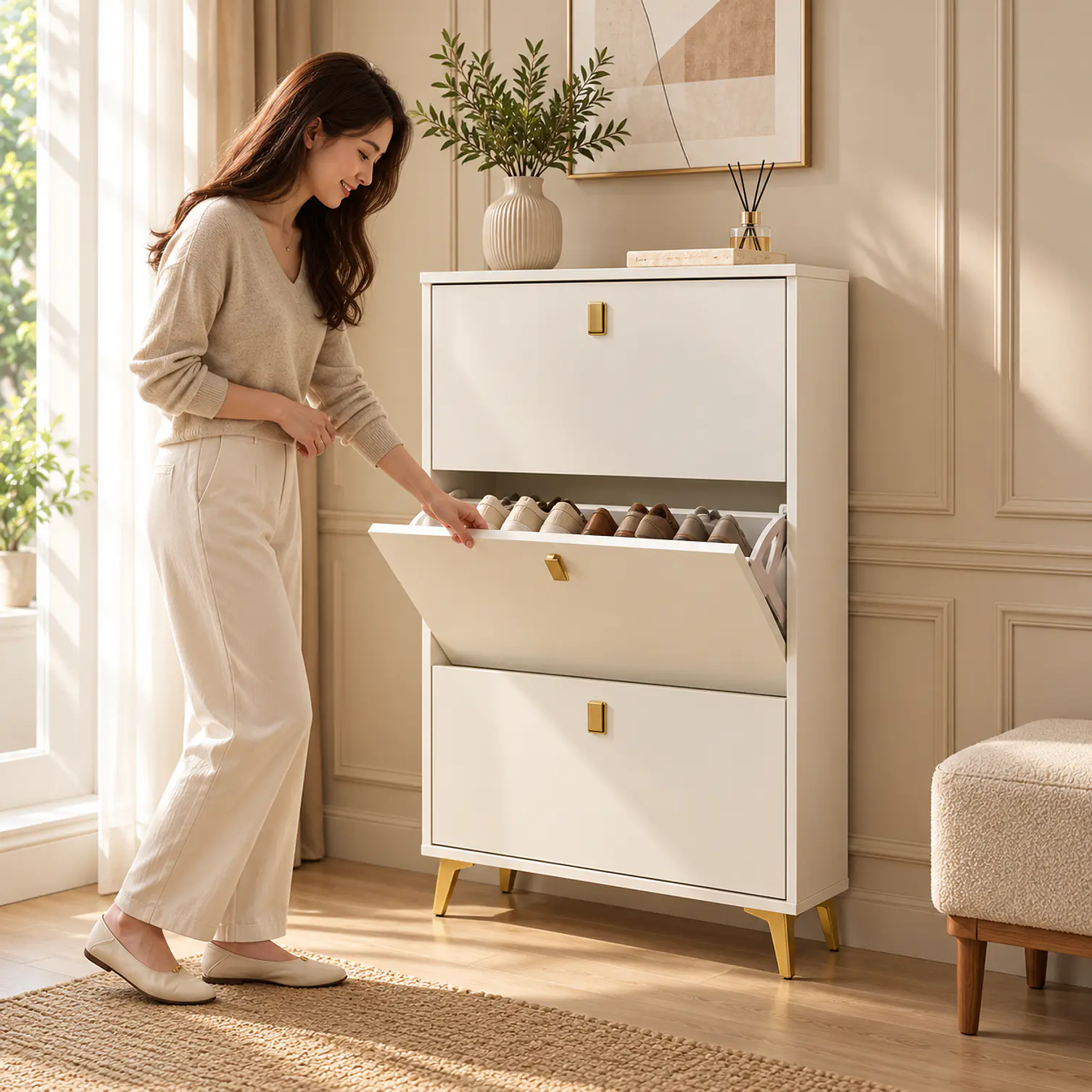Mueble Zapatero Organizador 3 Niveles Blanco Con Dorado 3