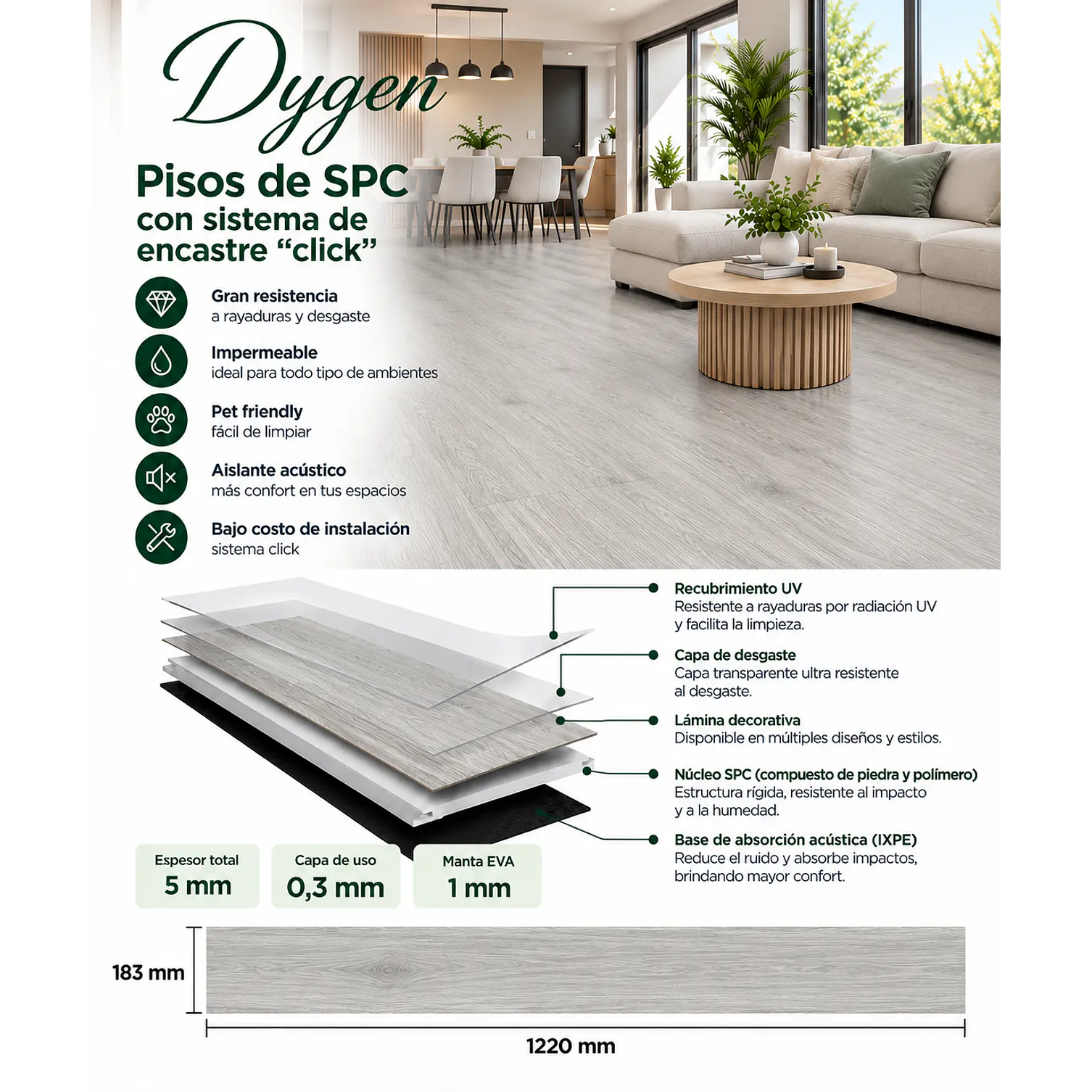 Piso SPC 5 mm Greige con Sistema Click 2