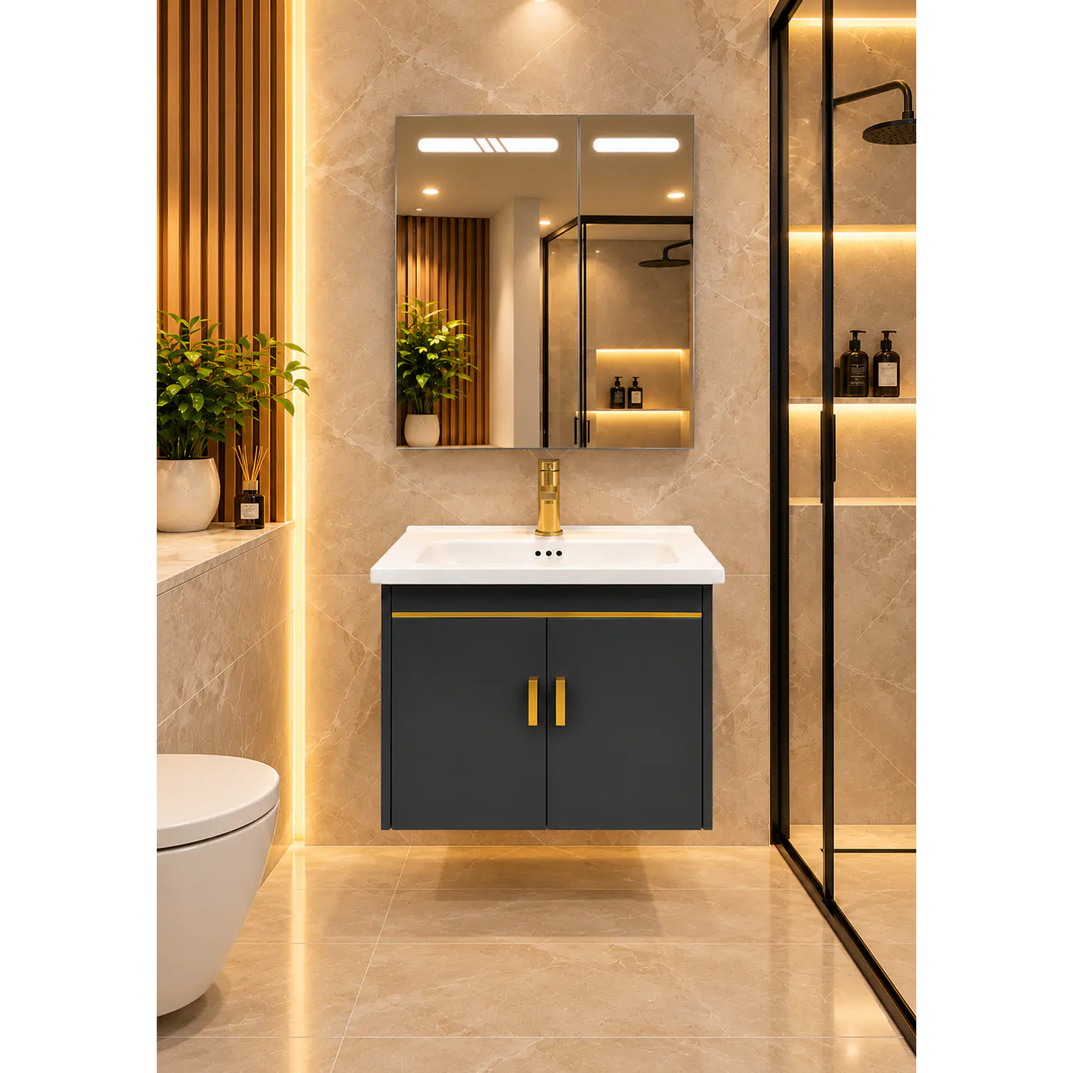 Mueble Vanitorio 60cm Botiquín LED con Sensor de Movimiento GRIS OSCURO 1