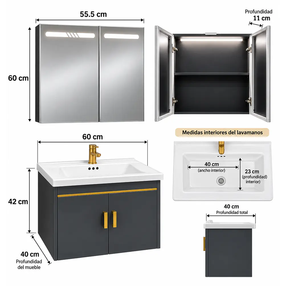 Mueble Vanitorio 60cm Botiquín LED con Sensor de Movimiento GRIS OSCURO 2