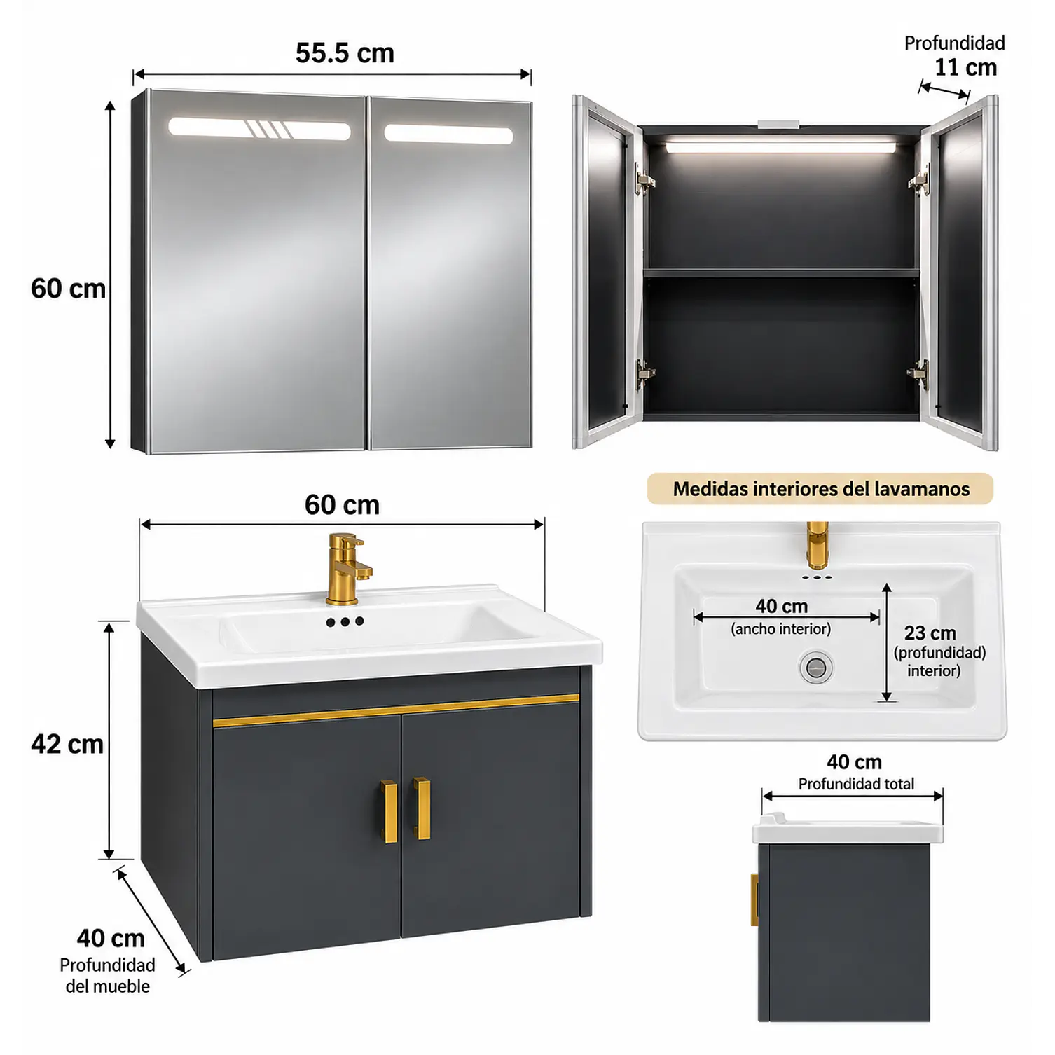 Mueble Vanitorio 60cm Botiquín LED con Sensor de Movimiento GRIS OSCURO 2