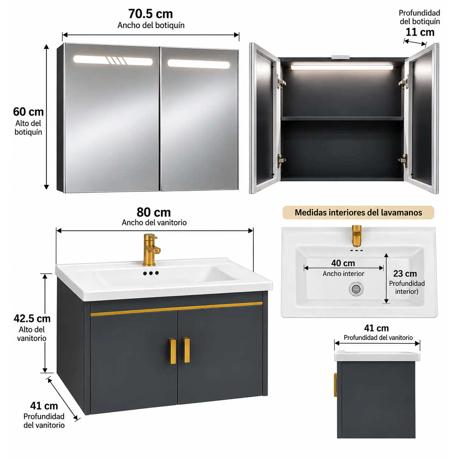 Mueble Vanitorio 80cm Botiquín LED con Sensor de Movimiento GRIS OSCURO 2