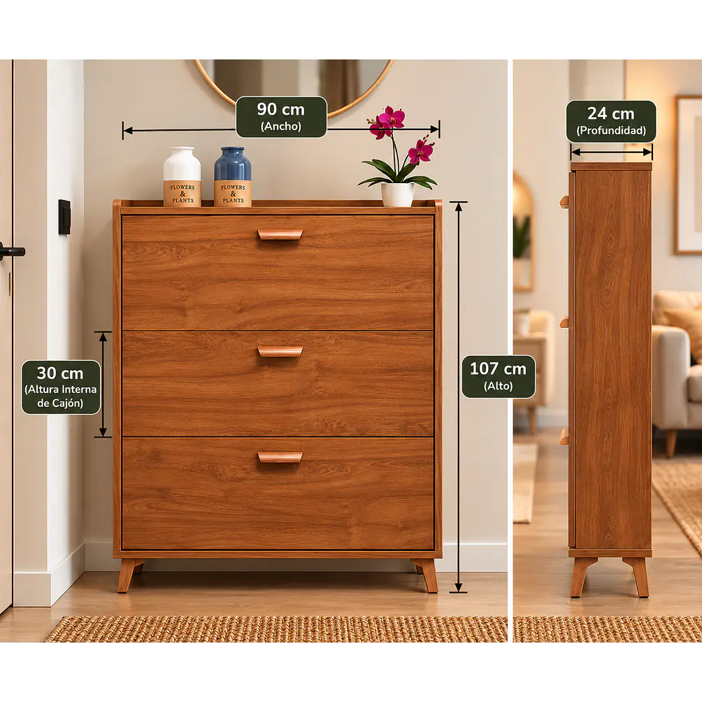 Mueble Zapatero Organizador 3 Niveles con Doble Compartimiento por Cajón / diseño Madera 2