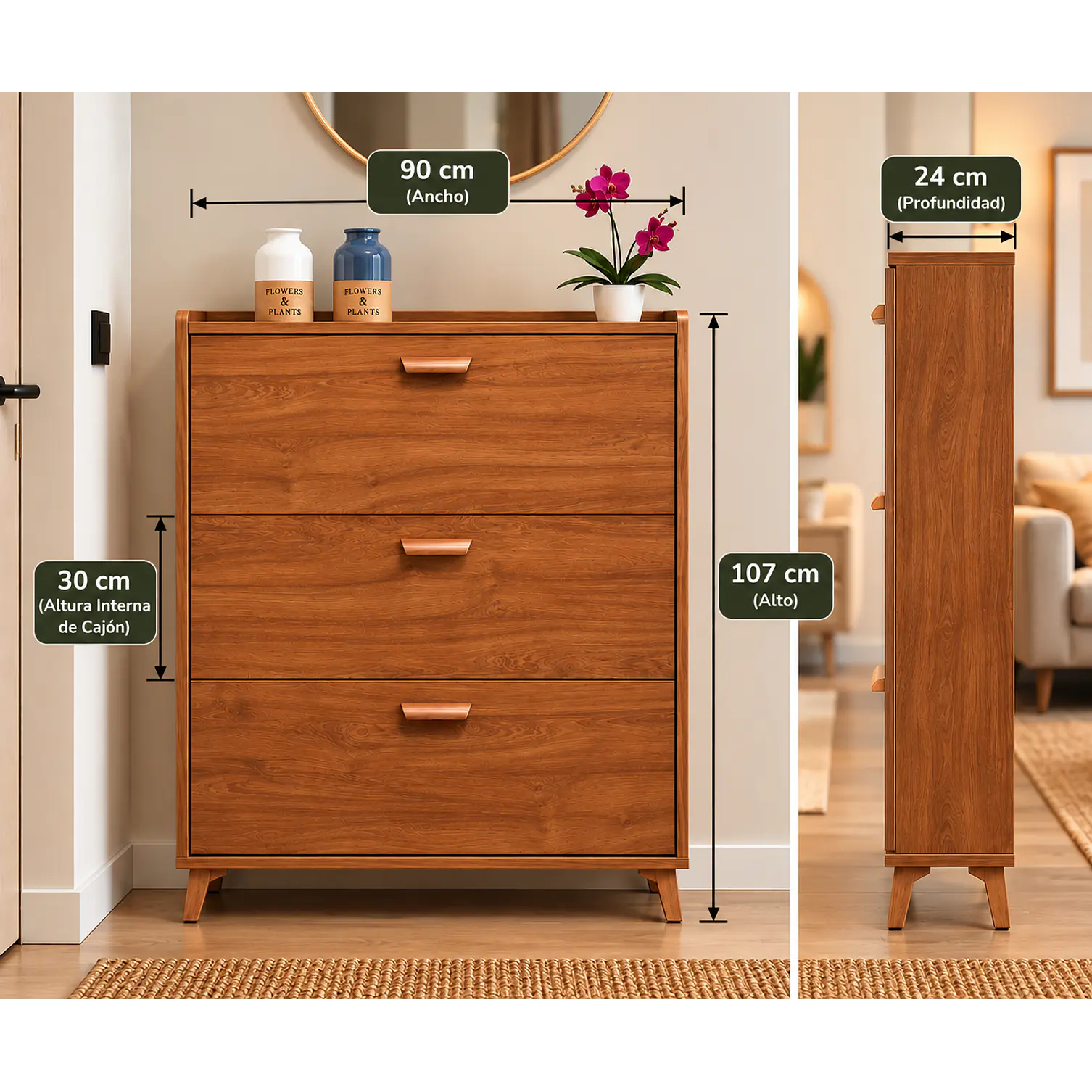 Mueble Zapatero Organizador 3 Niveles con Doble Compartimiento por Cajón / diseño Madera 2