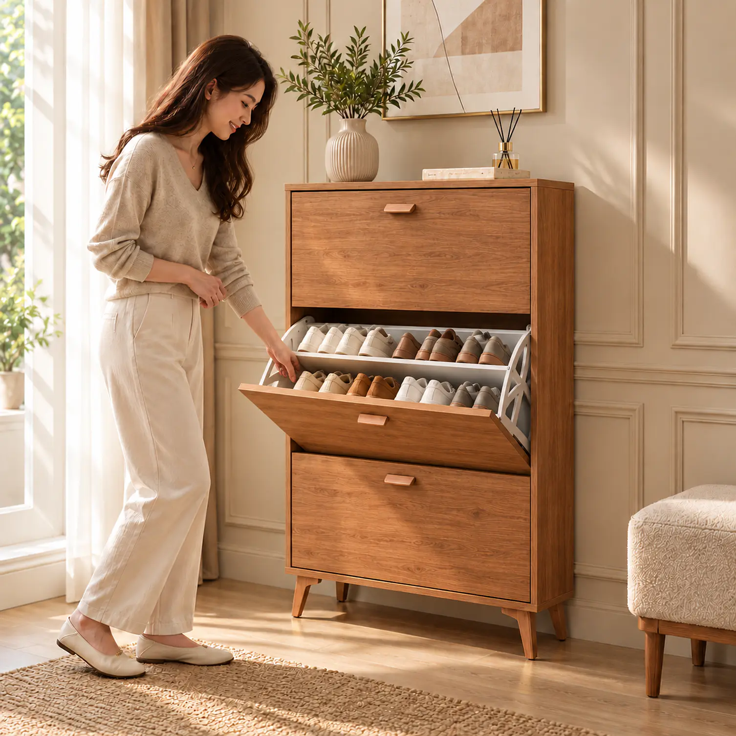 Mueble Zapatero Organizador 3 Niveles con Doble Compartimiento por Cajón / diseño Madera 3