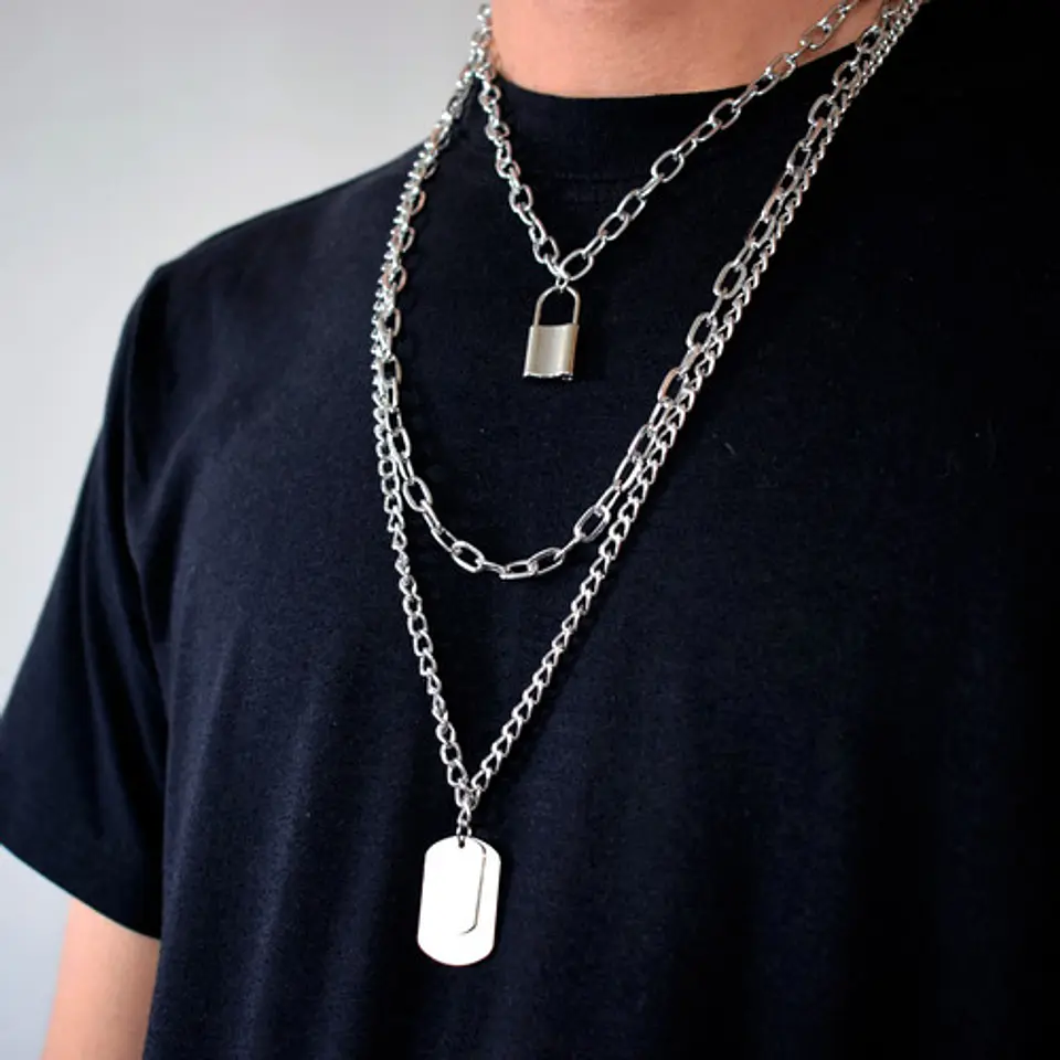 Cadena Collar Unisex Estilo Hip Hop Acero Colgantes 3 En 1 16