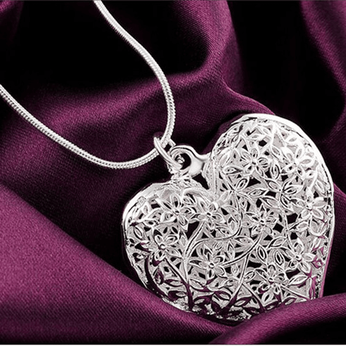 Collar Corazón Flor Tallado Plata 925 Cadena Tipo Serpiente 4