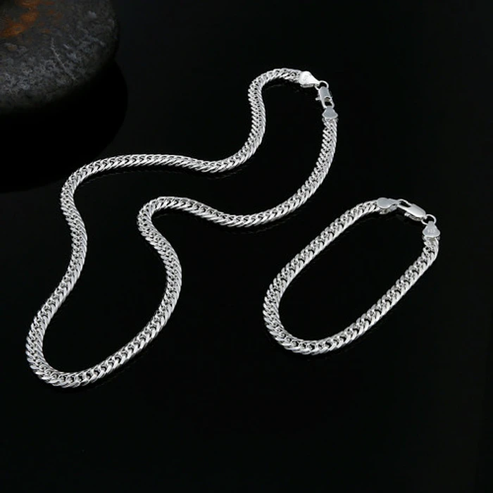 Set Cadena + Pulsera Triple Grumet Chapado Plata 925 6mm 2