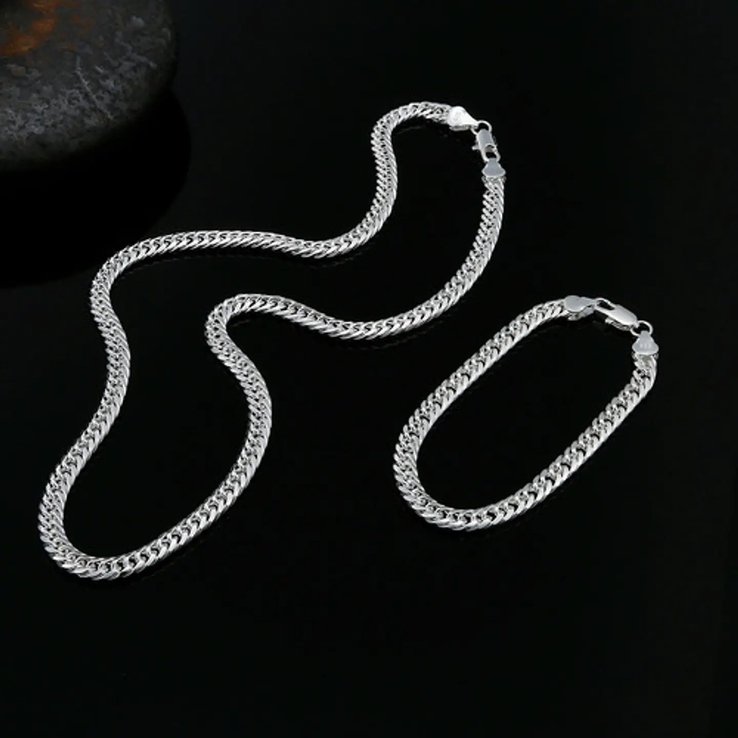 Set Cadena + Pulsera Triple Grumet Chapado Plata 925 6mm 2