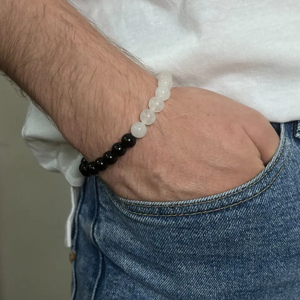 Pulsera De Piedras Naturales Onix Y Cuarzo Yin Yang 3
