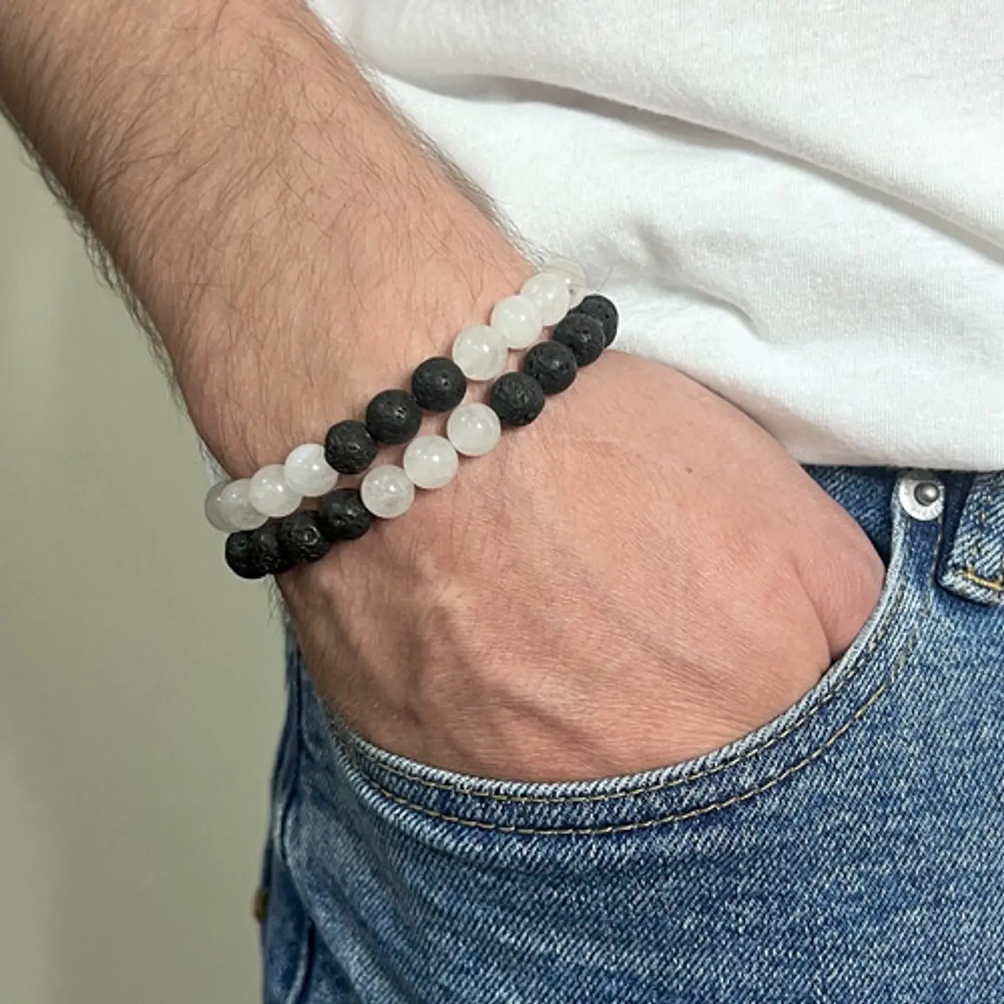 2 Pulsera De Piedras Naturales Onix Cuarzo Volcanita Pareja 3