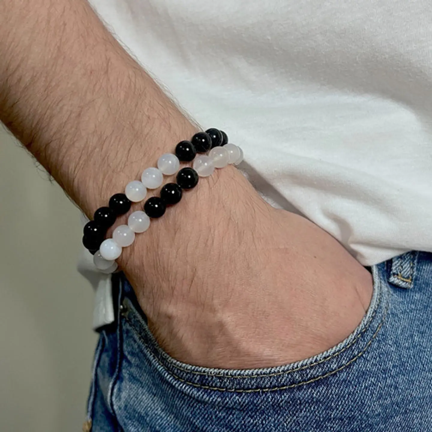 2 Pulsera De Piedras Naturales Onix Cuarzo Volcanita Pareja 9