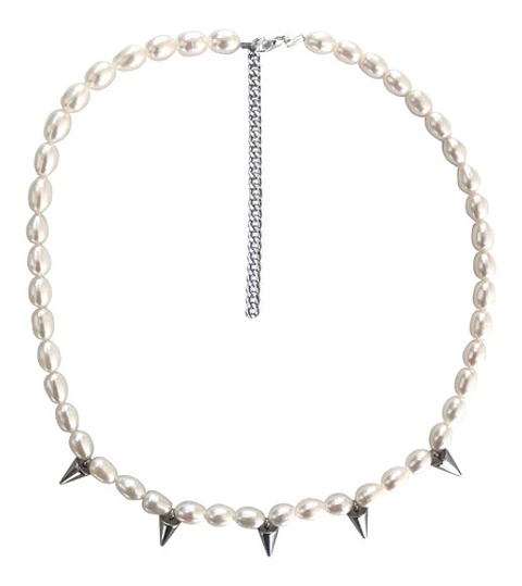 Gargantilla Perlas De Rio Natural Y Onix Conos Acero De Moda