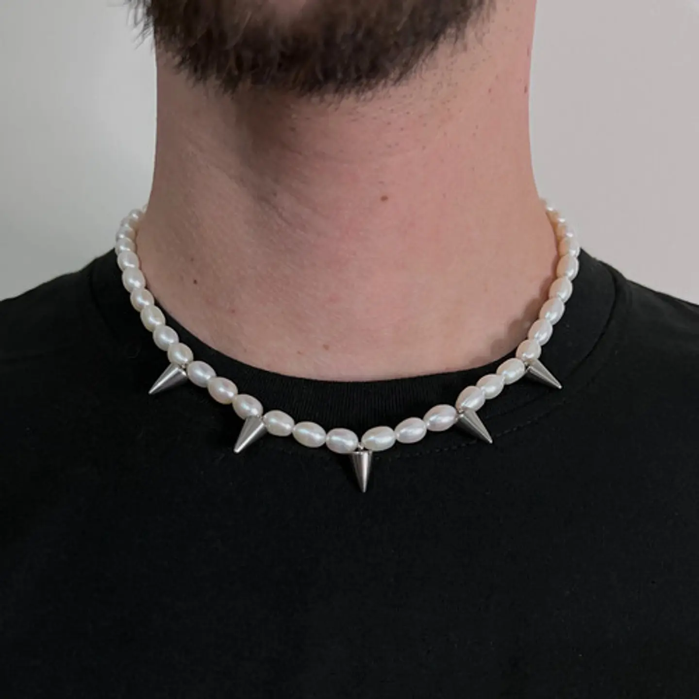 Gargantilla Perlas De Rio Natural Y Onix Conos Acero De Moda 2