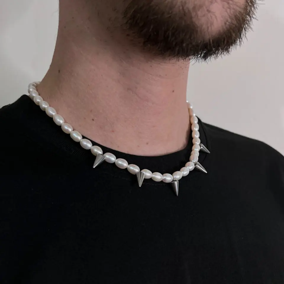 Gargantilla Perlas De Rio Natural Y Onix Conos Acero De Moda 3