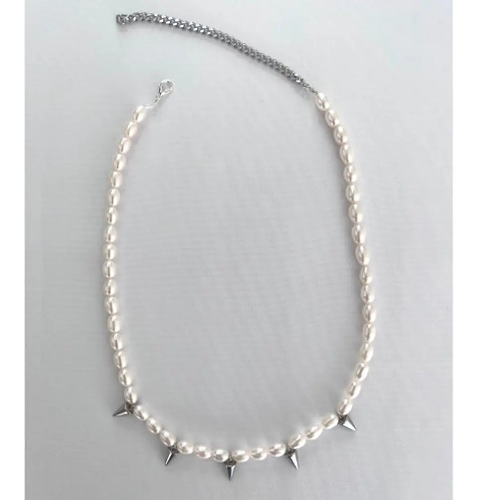 Gargantilla Perlas De Rio Natural Y Onix Conos Acero De Moda 4