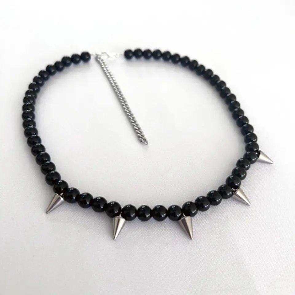 Gargantilla Perlas De Rio Natural Y Onix Conos Acero De Moda 6