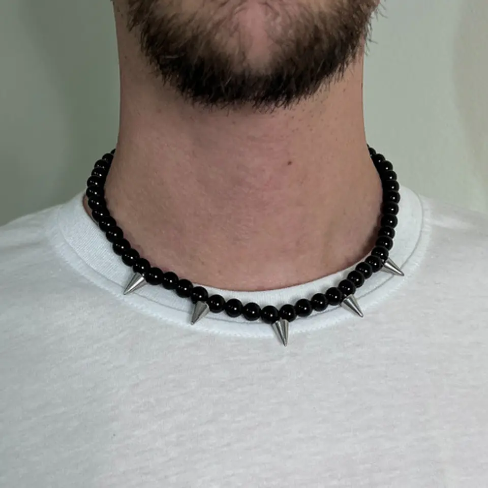 Gargantilla Perlas De Rio Natural Y Onix Conos Acero De Moda 7