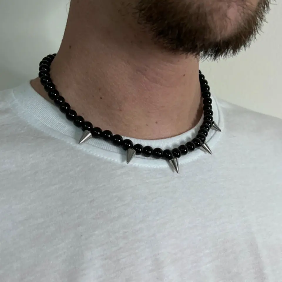 Gargantilla Perlas De Rio Natural Y Onix Conos Acero De Moda 8