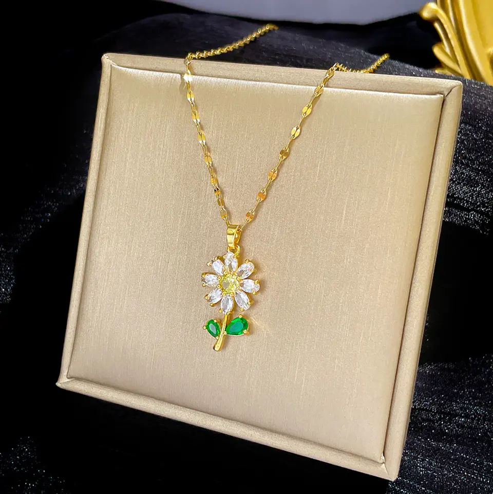 Collar Flor Planta Cadena En Acero Inoxidable - Bañado Oro 18k 3