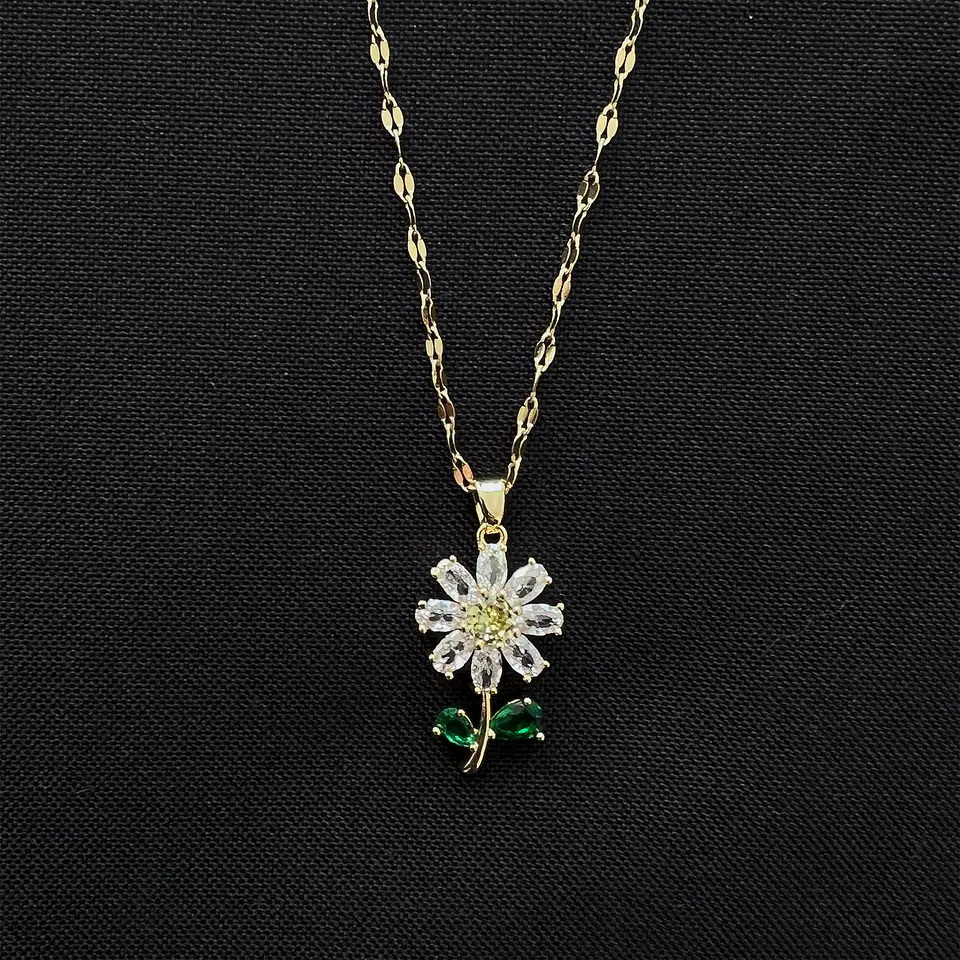 Collar Flor Planta Cadena En Acero Inoxidable - Bañado Oro 18k 5